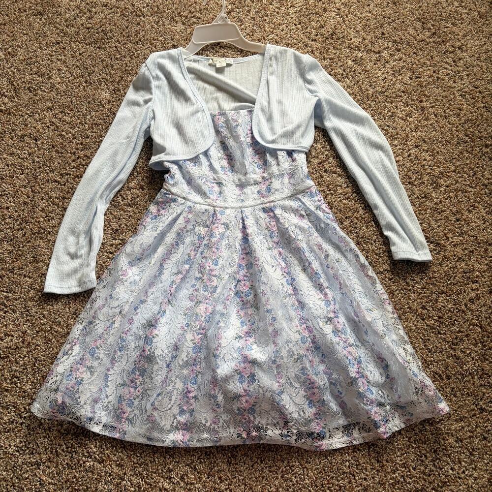 Knit Works Blue Lace Floral Twirl Dress with Cropped Sweater Size 12